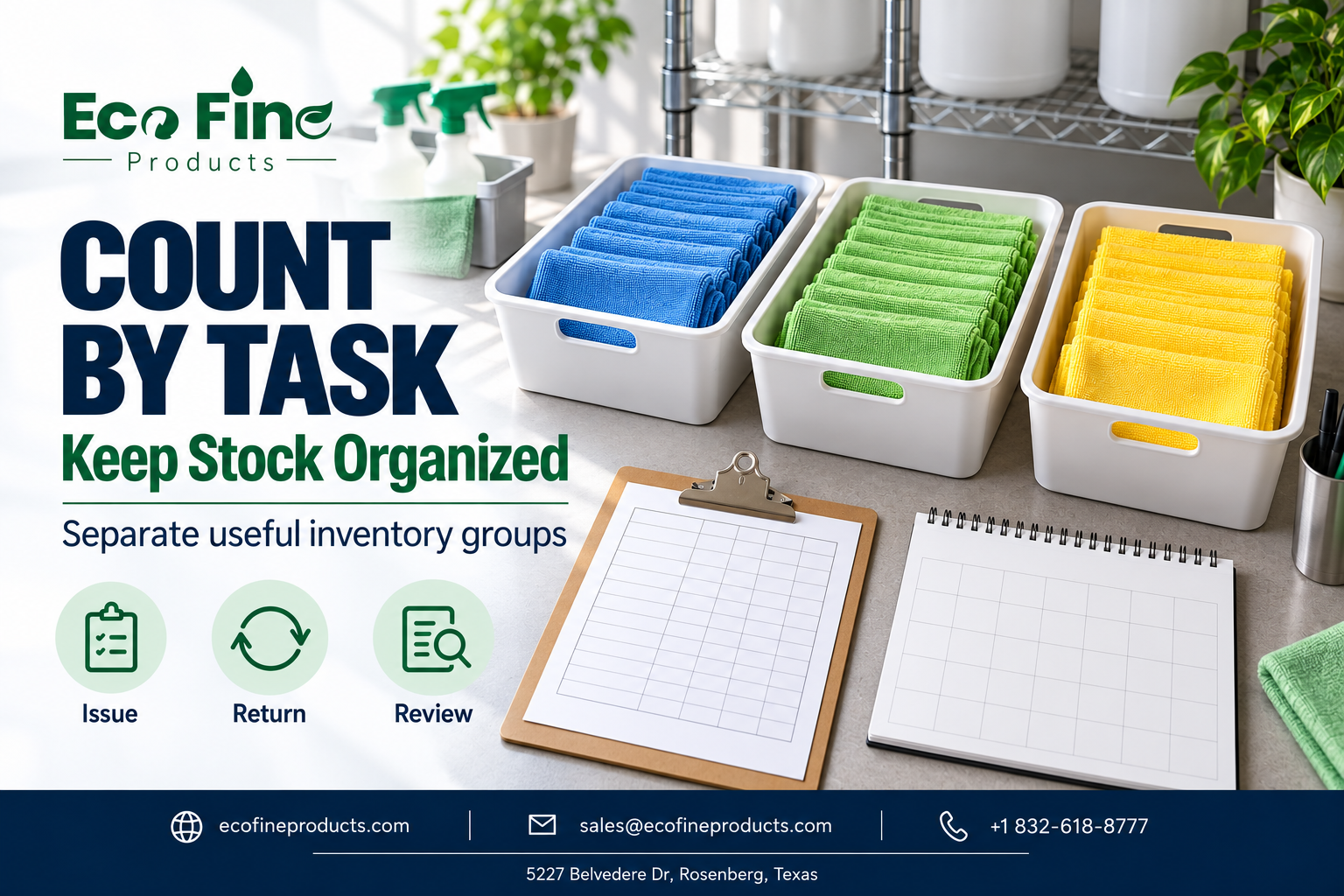 EcoFine Products: Count By Task — Keep Stock Organized.